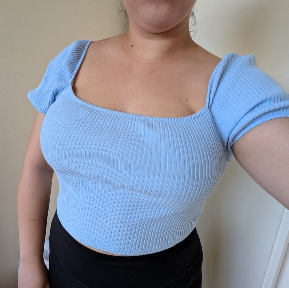 H&M Light Blue Cropped Ribbed Top With Puffed Short Sleeves